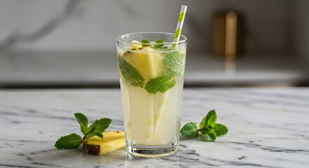 A refreshing pineapple drink with mint and a straw on a marble surface in a bright setting