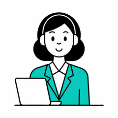 Asian woman in a business suit, seated at a computer, vector on white background.