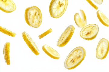 Falling identical lemon slices floating in the air isolated on white background