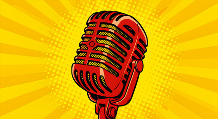 Red Microphone Graphic Illustration on Yellow Burst Background