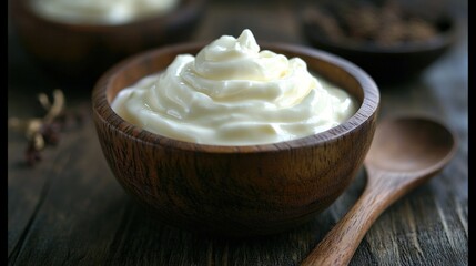 Creamy white topping in wooden bowl on rustic wooden table, spoon visible