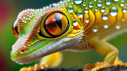 Fractal Gecko with Transparent Glass-Like Skin and Hyper Detailed Water Droplets in Close-Up View