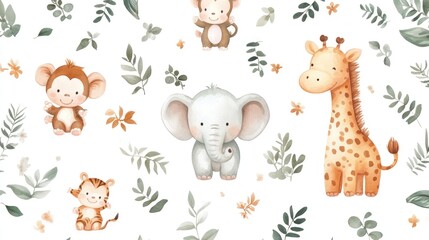 Cute jungle animals pattern, featuring monkeys, elephants, giraffes, and tigers, set against a backdrop of leaves and foliage