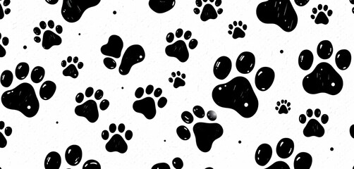 Fototapeta premium Seamless black doodle paw print pattern on textured white background, graphic, style