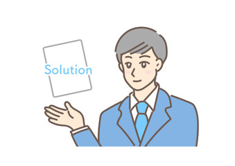 「Solution 」と解決案を提案するビジネスマン