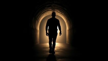 Obraz premium Silhouette of a man approaching light in a dark tunnel