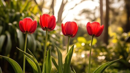 Fototapeta premium Radiant tulips quartet bathed in sunlight a vibrant spectacle of red blossoms in a lush garden setting evoking a sense of serene beauty