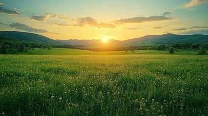 Obraz premium Enchanting golden sunset over green meadow and distant hills landscape