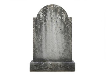 A weathered gray tombstone with rounded top and base isolated on a white background in a studio shot