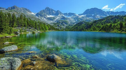 Picturesque alpine lake reflecting rugged mountain peaks under a vibrant sky