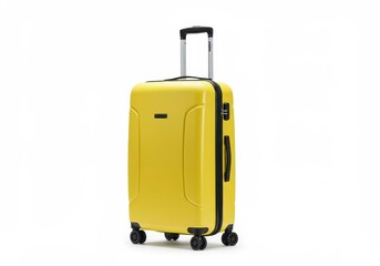 A bright yellow suitcase with a telescoping handle stands on a white background in a studio shot