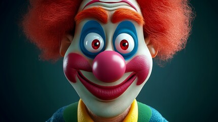 Happy clown with orange hair, red nose, and blue eyes in a vibrant scene picture