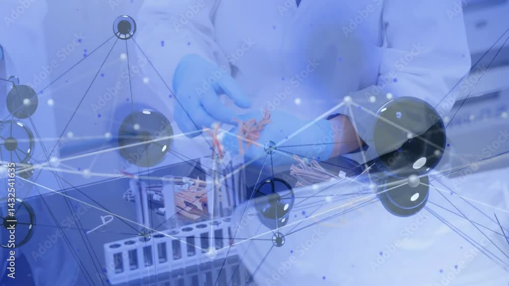 Aufkleber hands in blue gloves handling orange pipette tips with data network overlay flowing over benchtop