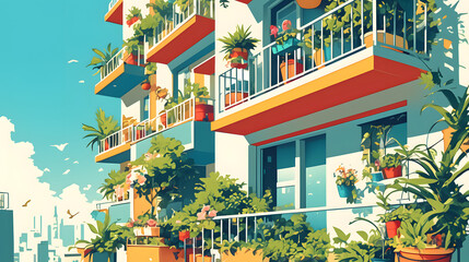 Apartment Buildings With Balcony Gardens colorful illustration