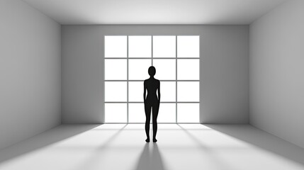 Obraz premium Silhouette of a Woman Standing in a Minimalist Room Bathed in Sunlight, Contemplation and Solitude in a Bright White Space
