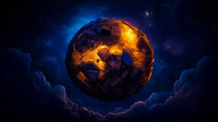 Surreal painting of glowing globe formed from stacked books