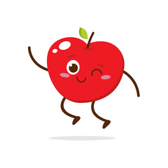 Cute Smiling Red Apple Character Waving – Kawaii Red Fruit Mascot Vector
