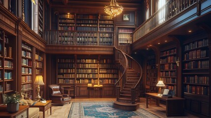 Obraz premium Grand Library: A Luxurious, Two-Story Book Haven with Elegant Spiral Staircase