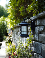 Decorative solar sconce light glows warmly, casting soft light on stone wall, ivy is flourishing, exuding an inviting, peaceful ambiance