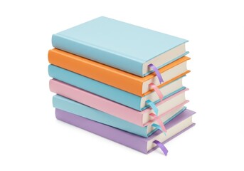 A stack of pastel colored books with ribbons on a white background creating a colorful aesthetic