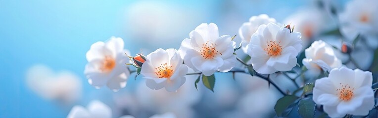 Obraz premium Closeup White Dog Rose Blooms with Orange Centers and Buds on a Light Blue Sky