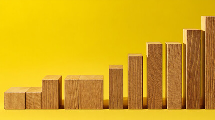 ステップアップを可視化した木製キューブの階段構成 | イエローの活気ある背景