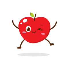 Cute Smiling Red Apple Character Waving – Kawaii Red Fruit Mascot Vector