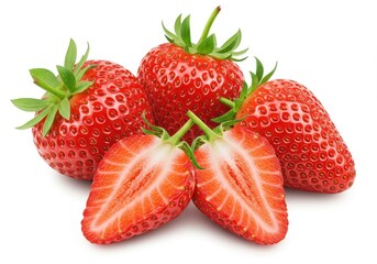 Close up of fresh strawberries with green stems and one strawberry cut in half on white background