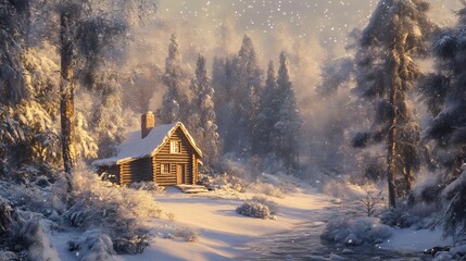 Snow-Covered Log Cabin in a Serene Winter Forest