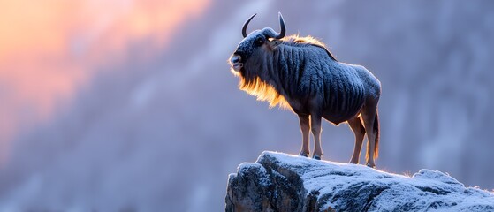 A wildebeest is standing on a snowy hill