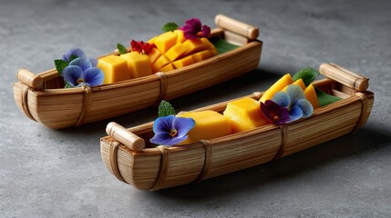 Mini bamboo boats filled with mango, sticky rice, and coconut milk, garnished with edible flowers, styled for cultural or travel-themed events, copyspace for text - bamboo travel