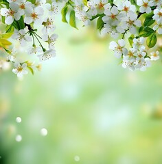 Obraz premium Floral Branch with Blossoms and Buds on Light Green Blurred Background Design
