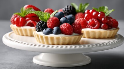 Mini tart shells filled with vanilla yogurt and topped with artistically arranged fresh berries and mint, placed on a ceramic cake stand for elegant display, copyspace for text