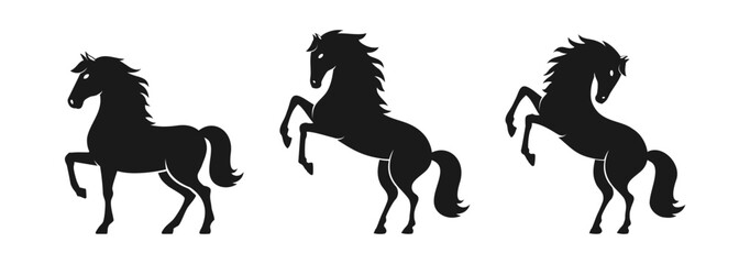 Set of black horse silhouettes. Elegant and dynamic vector illustrations showcasing various horse poses and movements. Perfect for logos, posters, or decorative design elements.