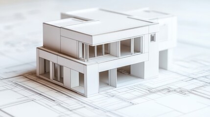 Architectural precision detailed minimalist house model atop blueprints showcasing meticulous planning and innovative design for modern living