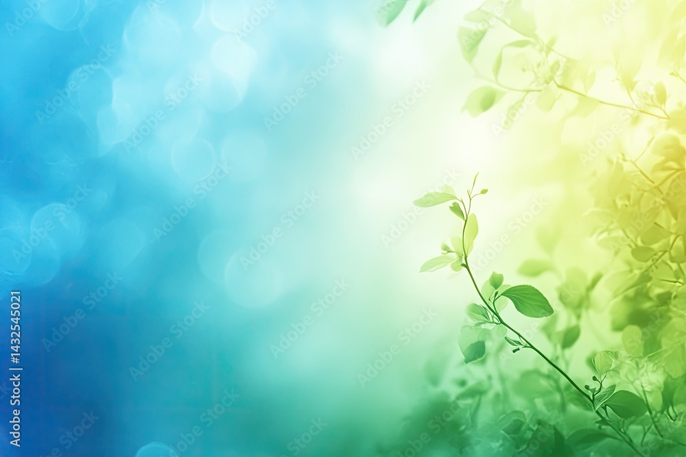 Poster light azure bokeh background with green leaves and branches soft pastel design