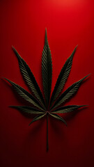 Bronze cannabis leaves on crimson. Molten-like veins and diagonal symmetry evoke bold, opulent botanical art.