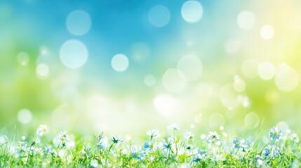 Fototapeta premium Meadow of White Wildflowers Bokeh Lights Soft Blue Green Field Nature Background