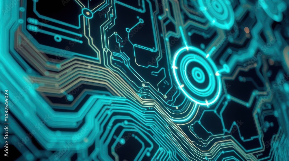 Poster futuristic technology circuit board design with glowing blue elements