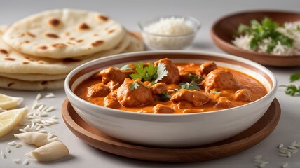 A fragrant bowl of Indian butter chicken with naan and basmati rice, commercial food photography on a white background
