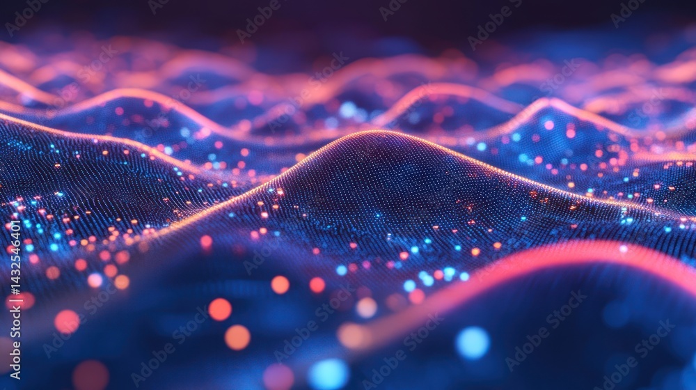 Poster abstract futuristic landscape with glowing particles and wave patterns rendering