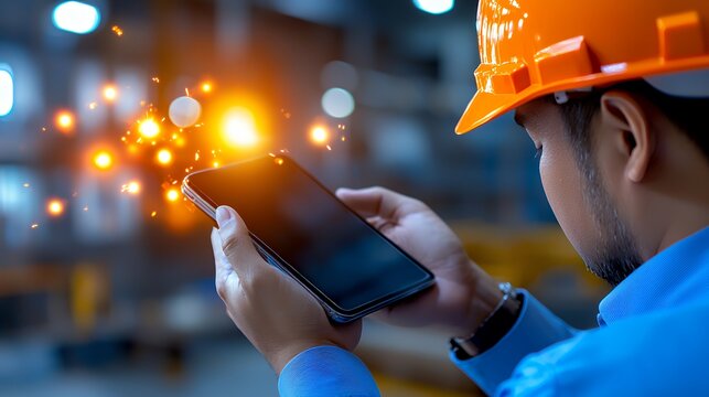 Construction worker with smartphone industrial setting modern technology