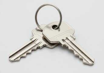 A close up of two silver keys attached to a metal ring on a plain white background studio shot