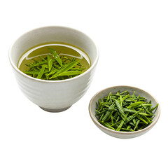 Fresh green tea leaves and Japanese green tea on a white backdrop