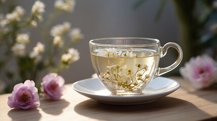 Fototapeta premium A delicate white tea with tiny flower petals in a transparent teacup