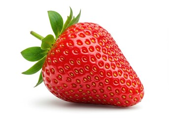 A single ripe strawberry with green leaves isolated on a white background showing its texture and color