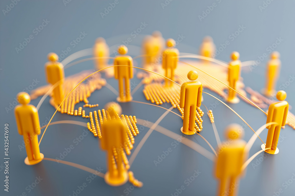 Poster a vibrant illustration of interconnected figures representing global networking and communication ac