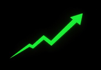 A glowing green arrow pointing upwards on a black background showing positive growth and progress trend