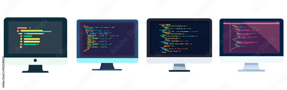 Poster illustration of a desktop computer screen displaying code isolated on transparent background
