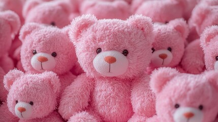 A row of pink teddy bears are lined up next to each other